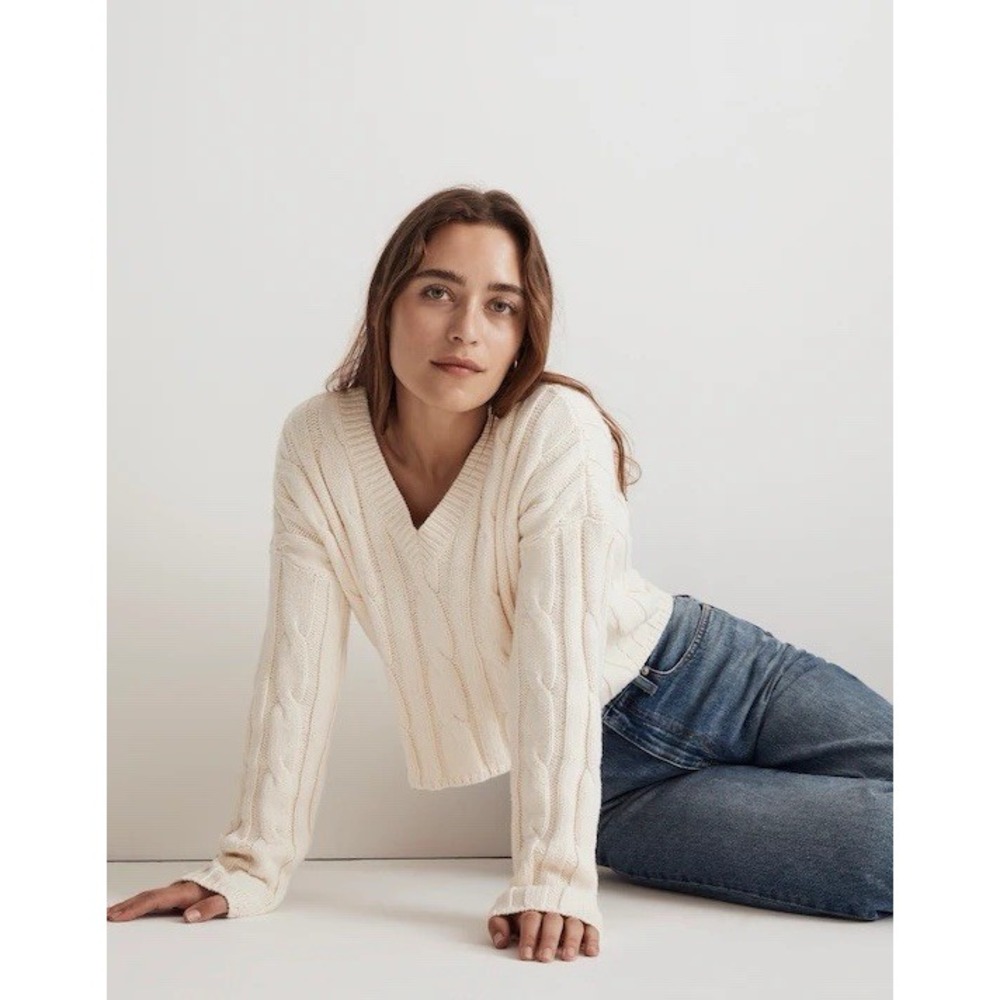 Madewell Cable Knit Relaxed Cozy V-Neck Crop Sweater Antique Cream Large